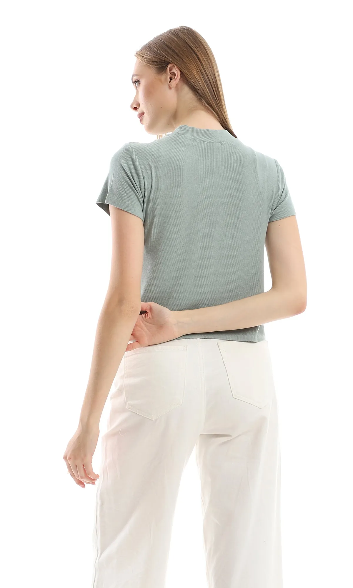 97185 Ring Neck Ribbed Mint Green Slip On Soft Short Sleeves Top