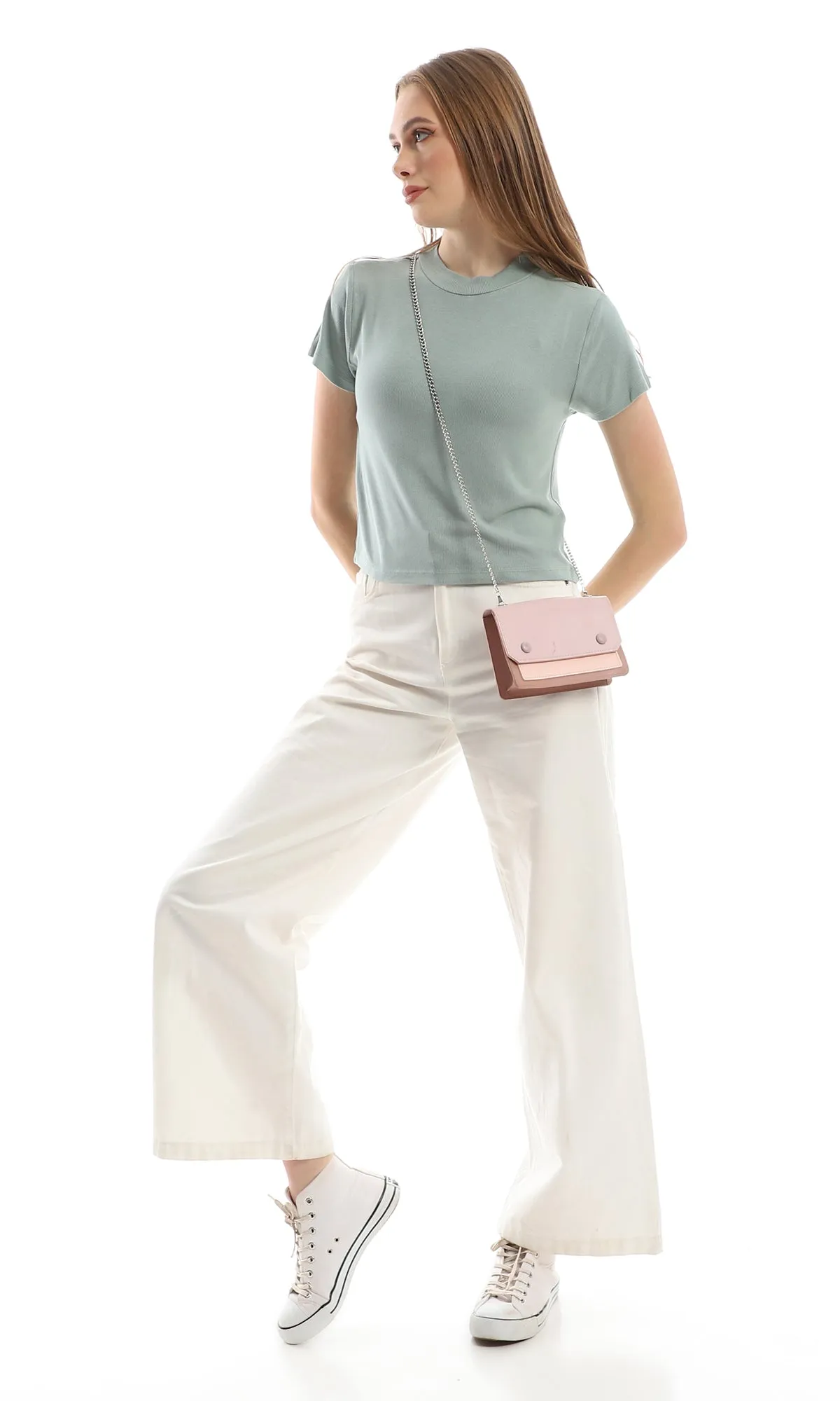 97185 Ring Neck Ribbed Mint Green Slip On Soft Short Sleeves Top