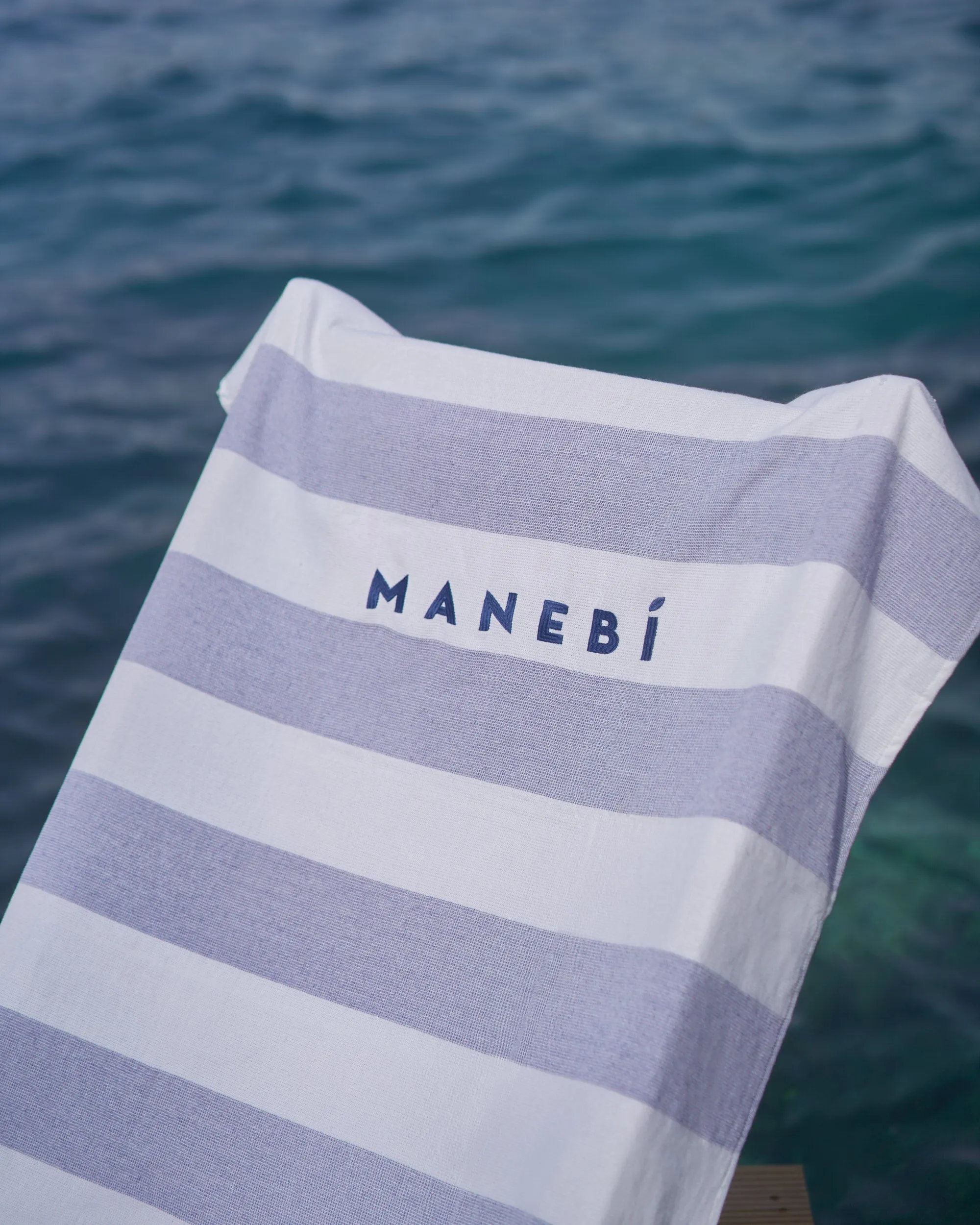 Cotton Beach Towel - MNBSL - Embroidered Logo White and Blue Stripes