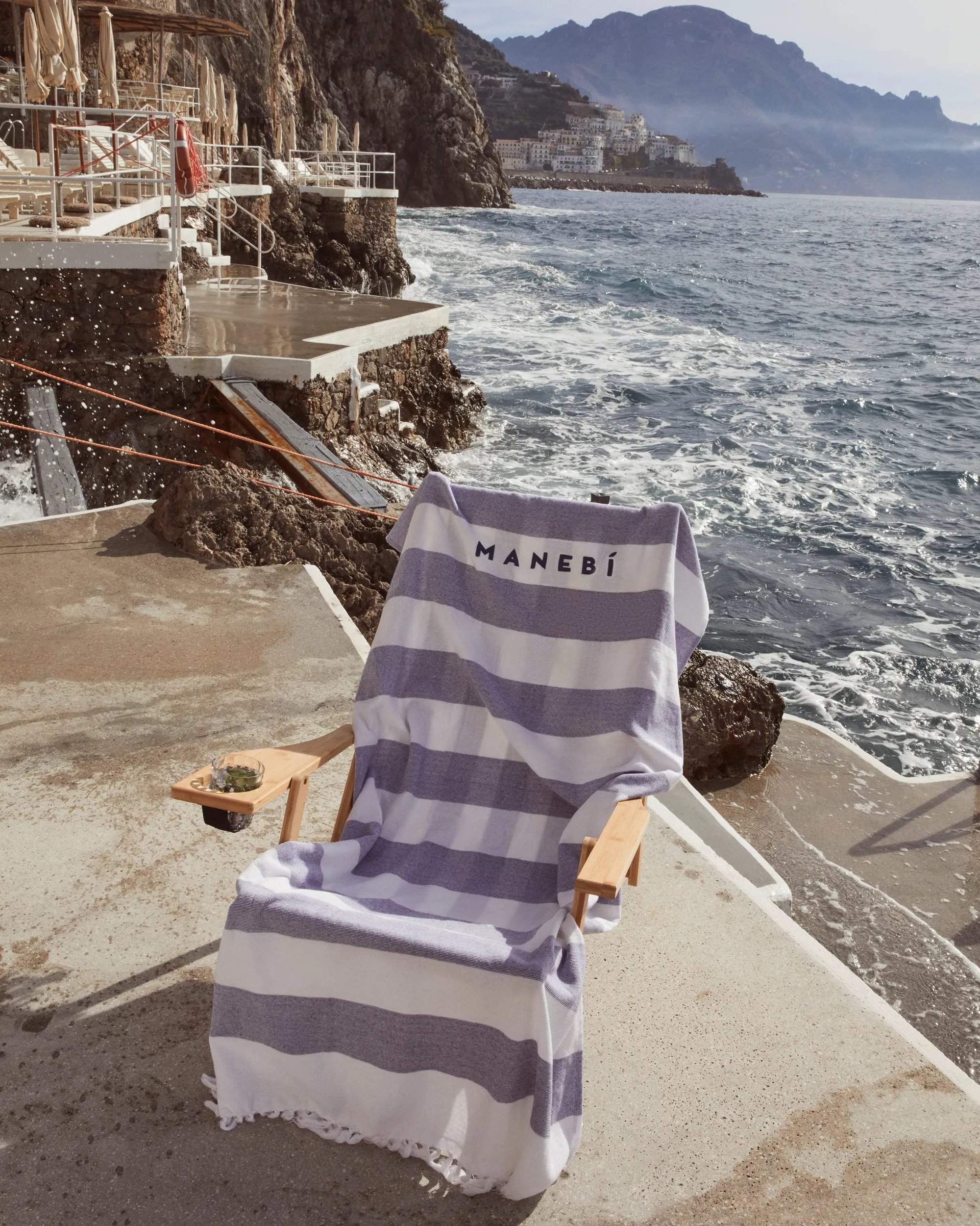 Cotton Beach Towel - MNBSL - Embroidered Logo White and Blue Stripes