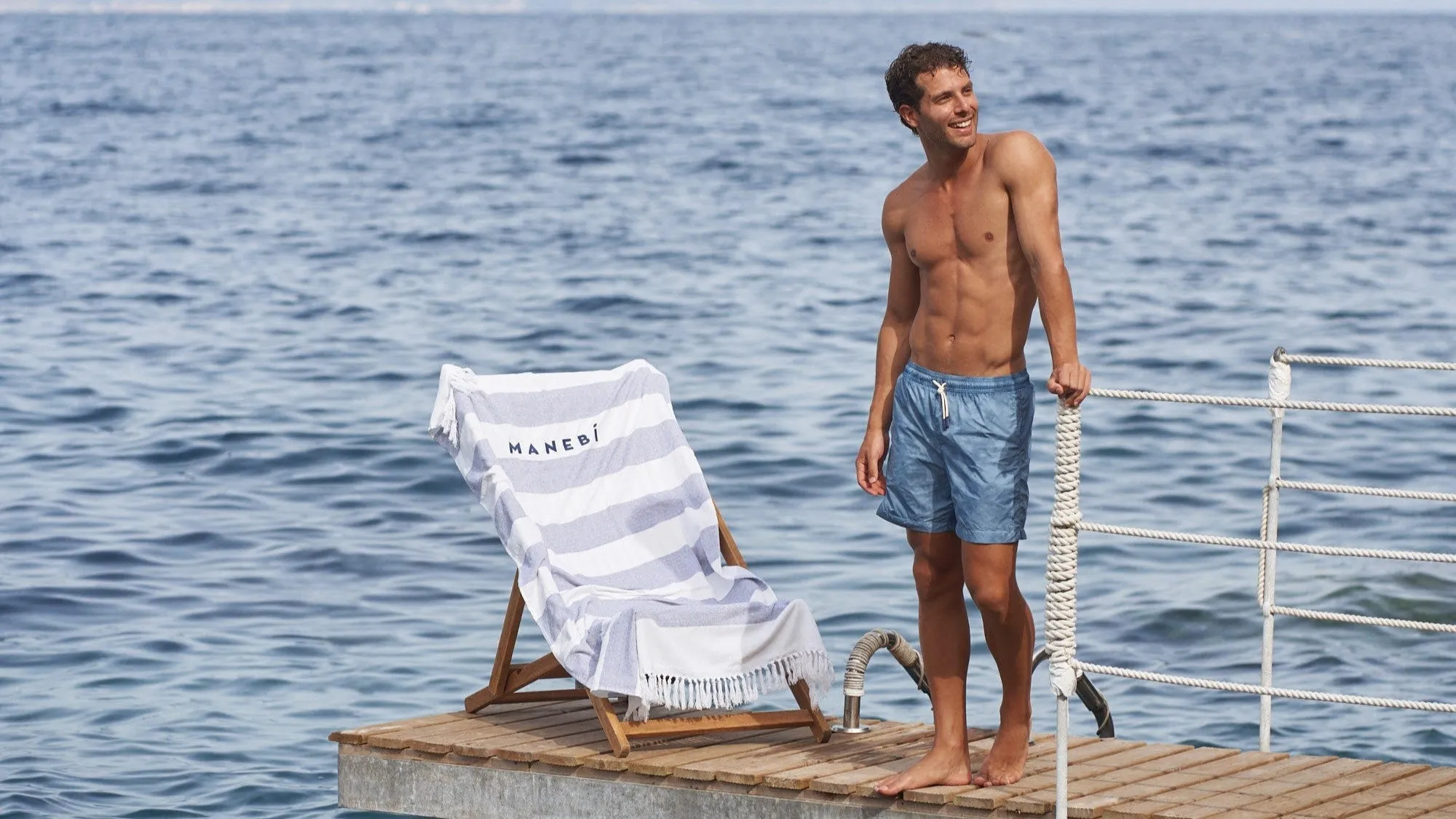 Cotton Beach Towel - MNBSL - Embroidered Logo White and Blue Stripes
