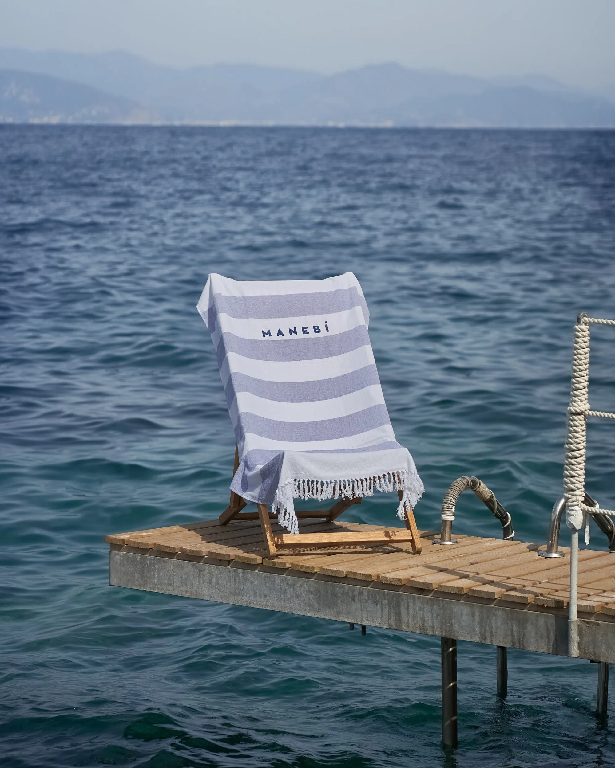 Cotton Beach Towel - MNBSL - Embroidered Logo White and Blue Stripes