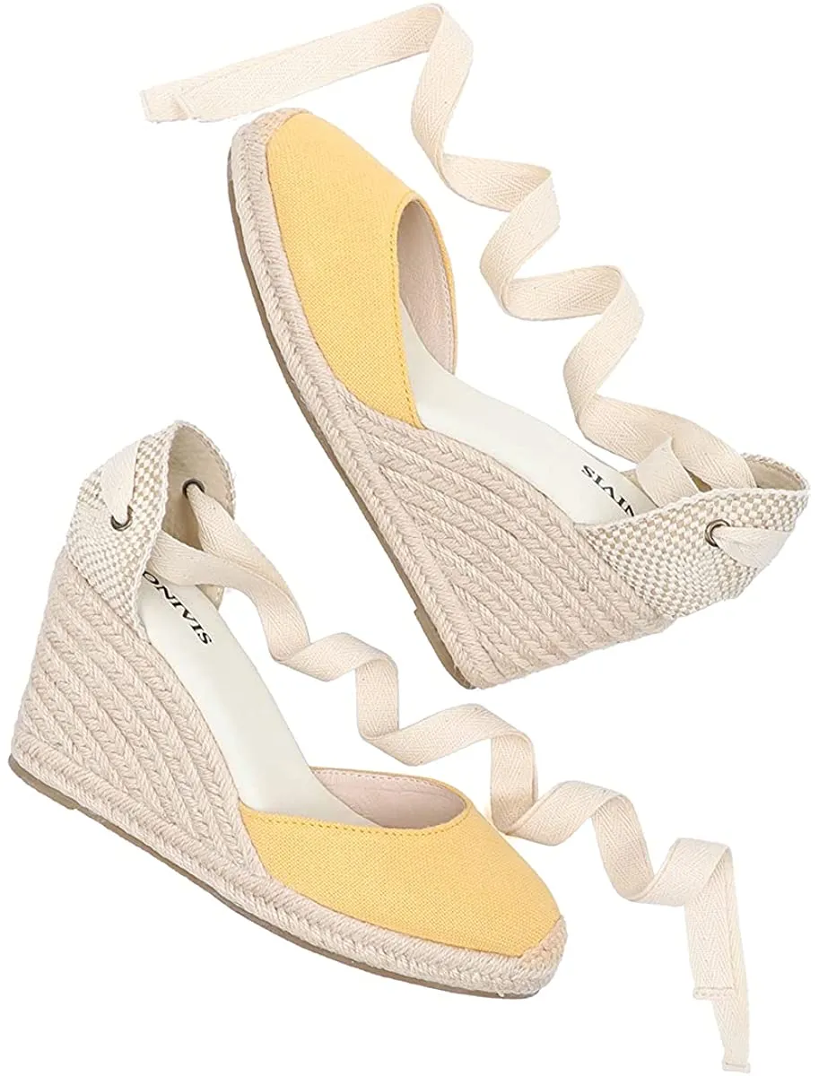 Espadrilles Platform Wedges Yellow Closed Toe Classic Summer Sandals