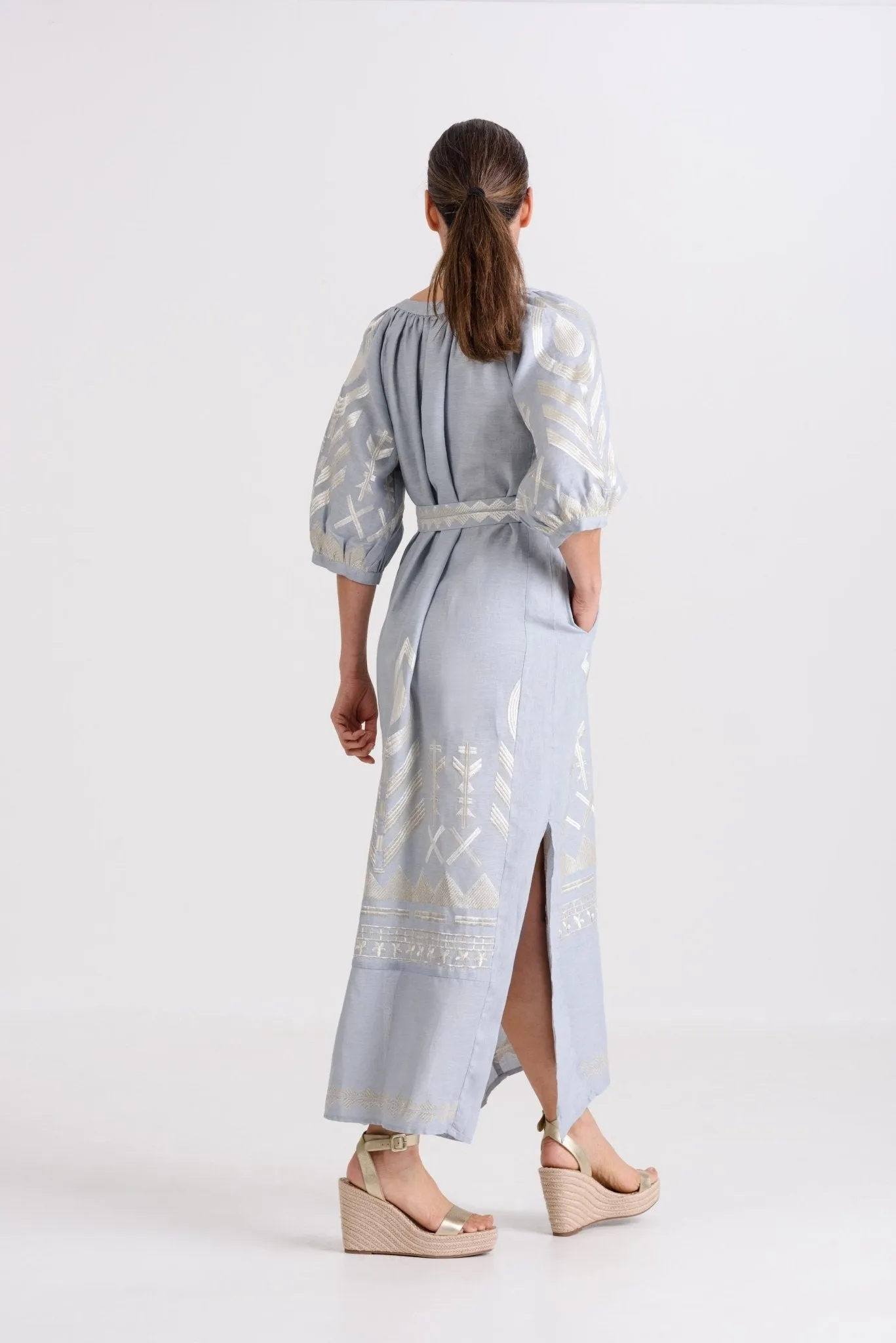 Kori Long Feather Dress With Chevron Belt | Grey & Champagne