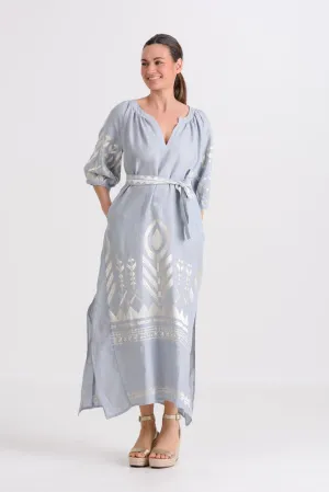 Kori Long Feather Dress With Chevron Belt | Grey & Champagne