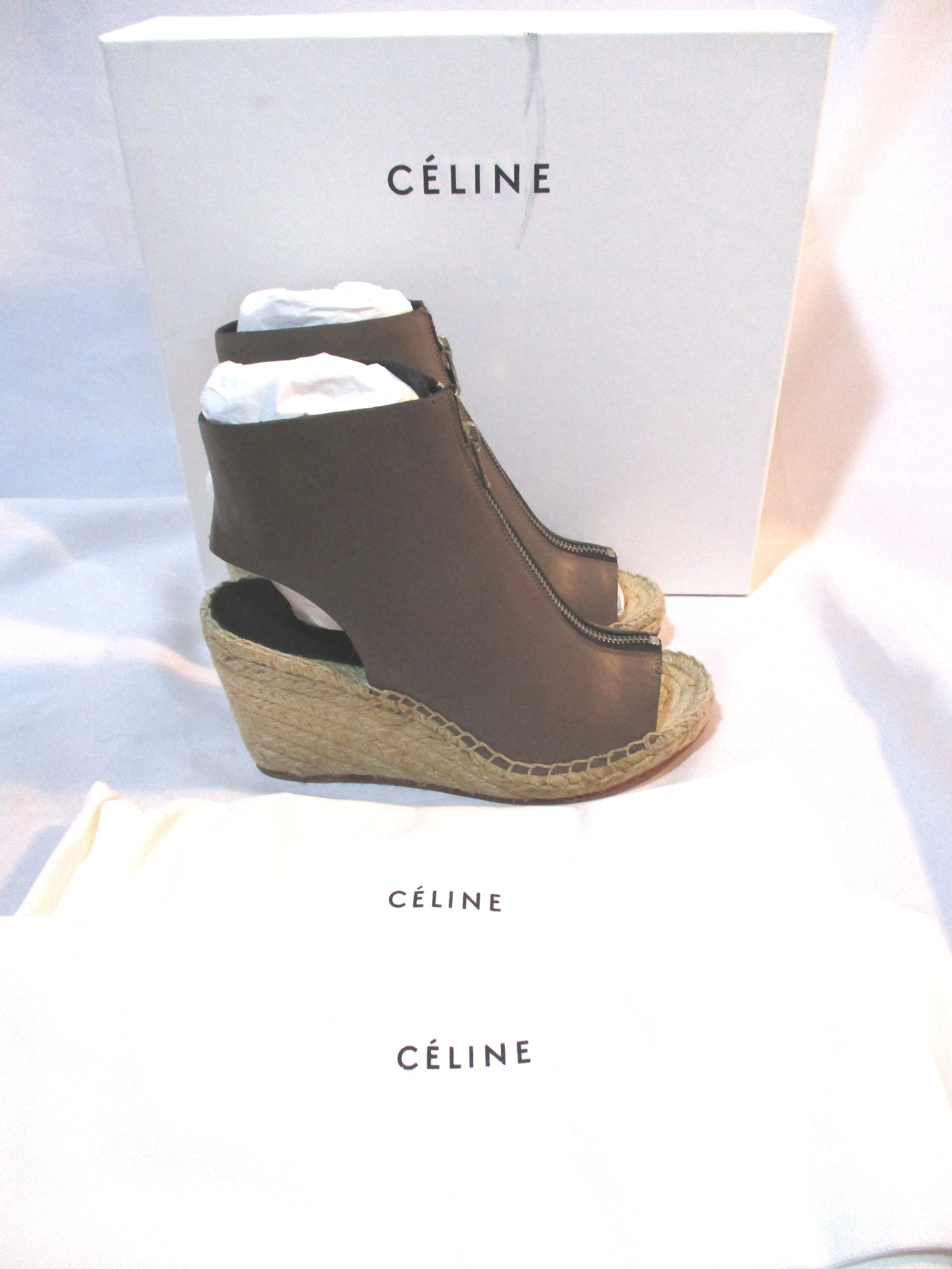 NEW CELINE PARIS WEDGE SATTLE BOOTIE SANDAL ESPADRILLE 36 TAUPE BROWN
