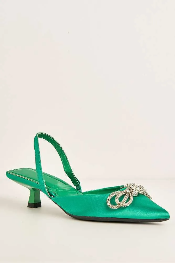 Nia Diamante Bow Detail Kitten Heel Court Shoes in Green