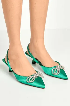 Nia Diamante Bow Detail Kitten Heel Court Shoes in Green