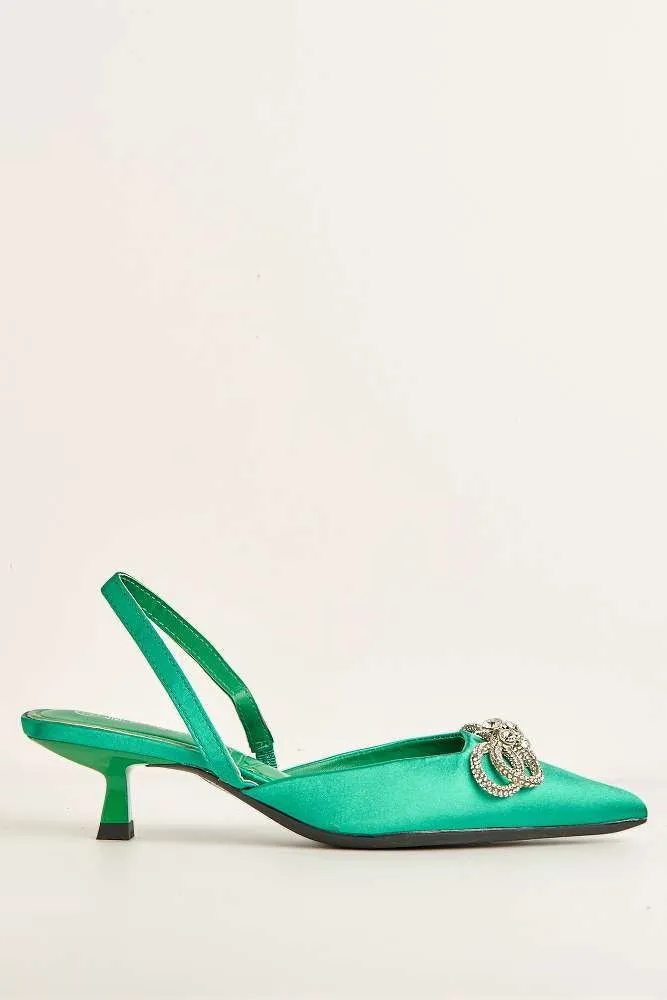 Nia Diamante Bow Detail Kitten Heel Court Shoes in Green